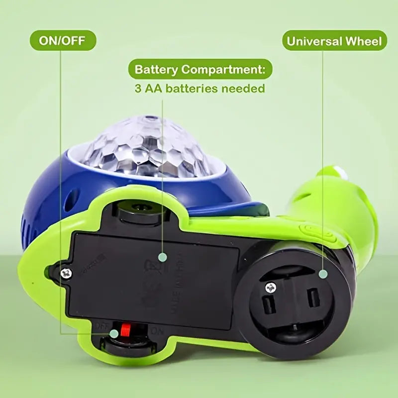 Crawling Snail Baby Toy with Lights and Music battery compartment and universal wheel features.